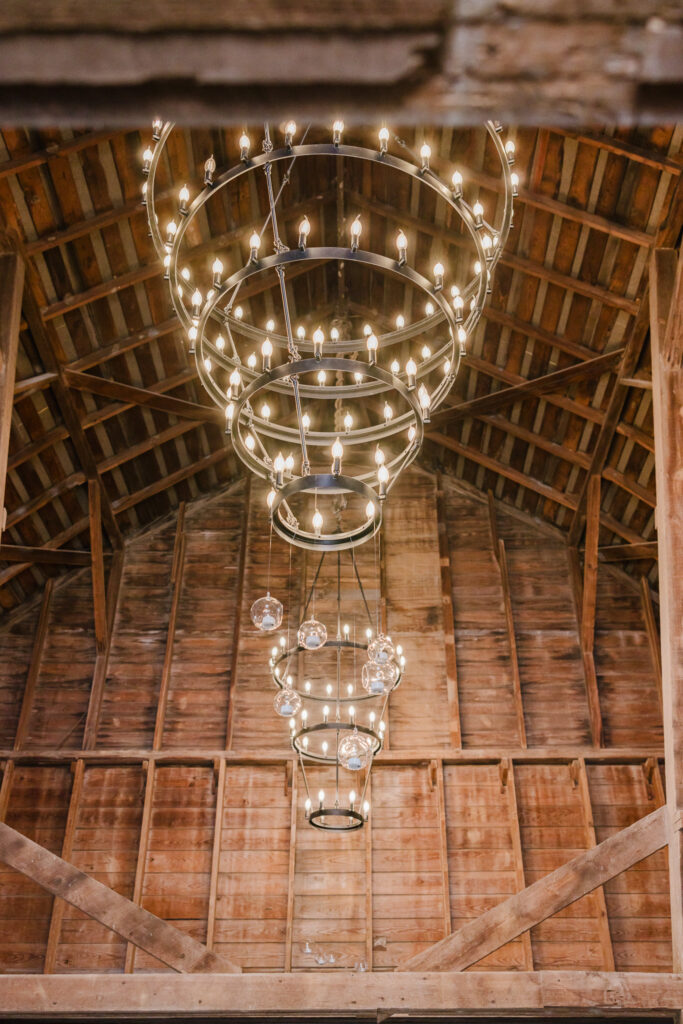 large chandeliers inside of a wedding venue in Topeka Kansas