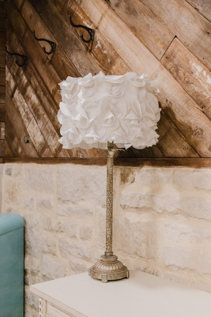 White floral lamp in bridal suite in wedding venue in Topeka Kansas